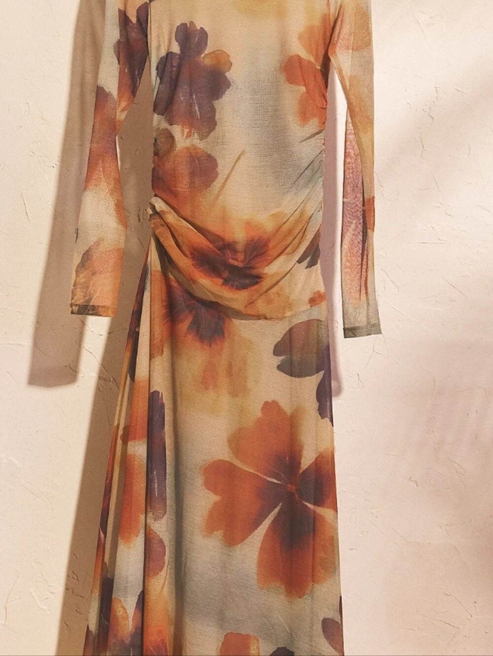 Free People Floral Long Sleeve Midi Dress in Beige and Orange